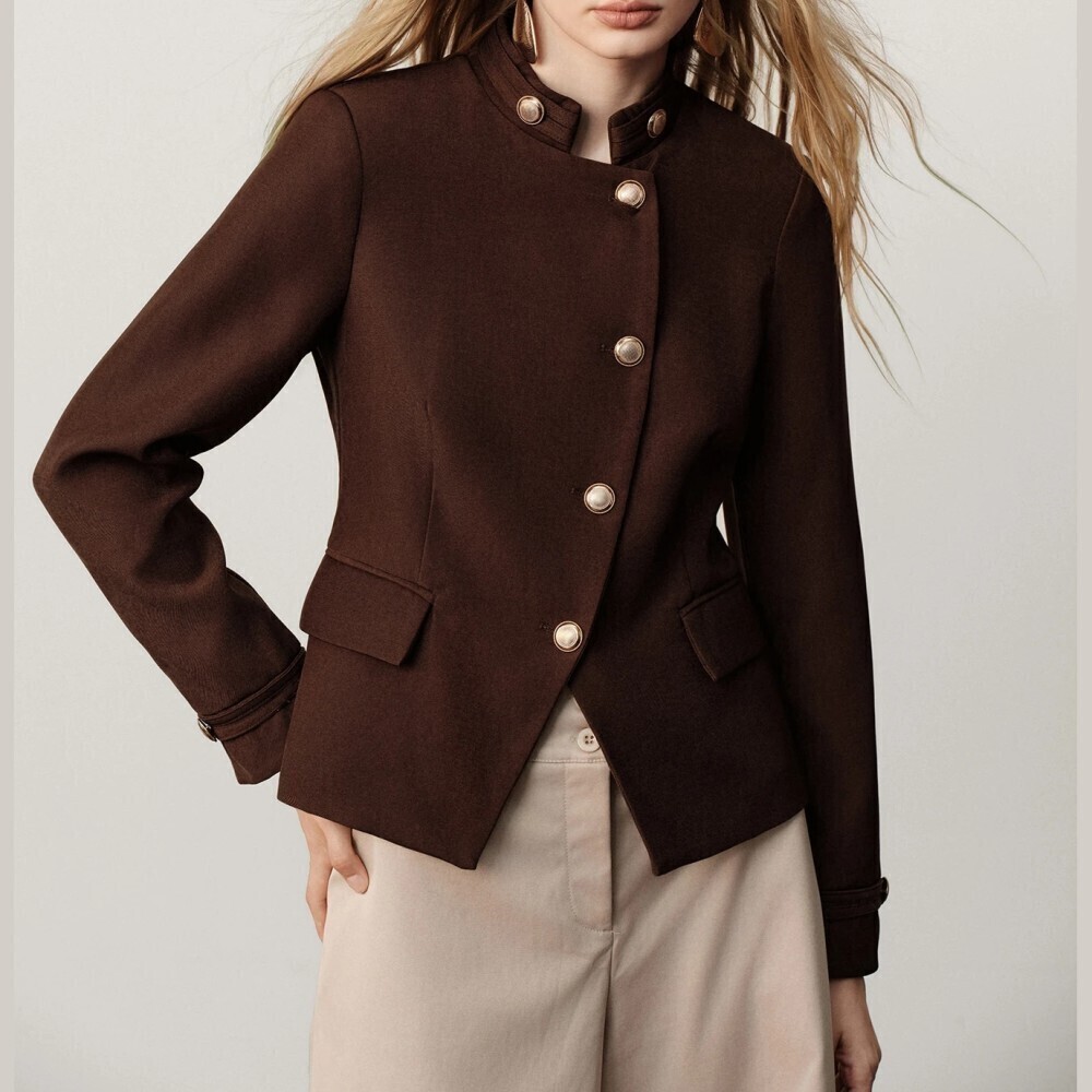 Dark Brown Stand Collar Gold Button Asymmetric Military Blazer Jacket